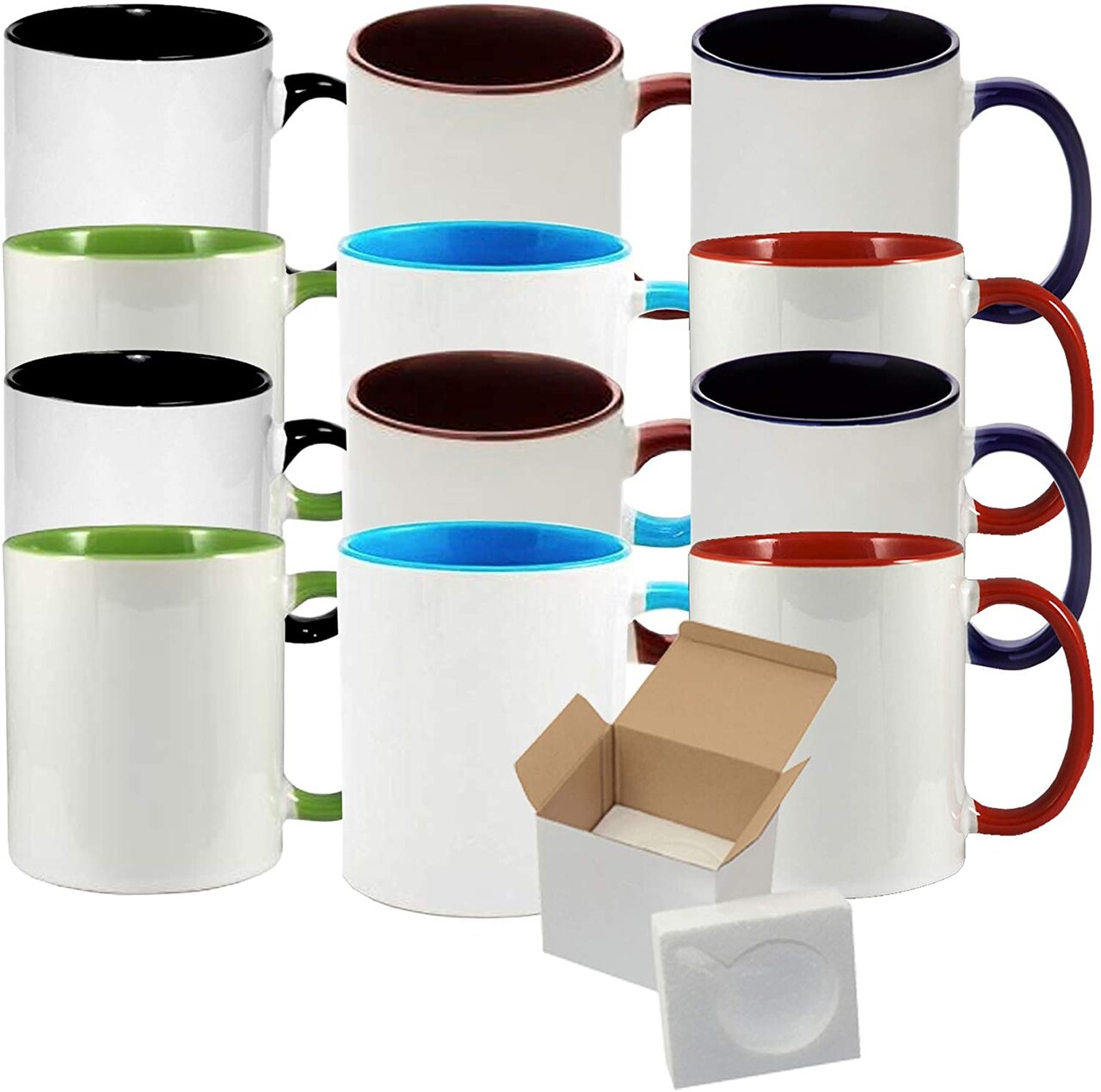 11 oz White Ceramic Sublimation Coffee Mug with MIX Colors Inside/Handle - Cardboard Box with Foam Supports Case of 12